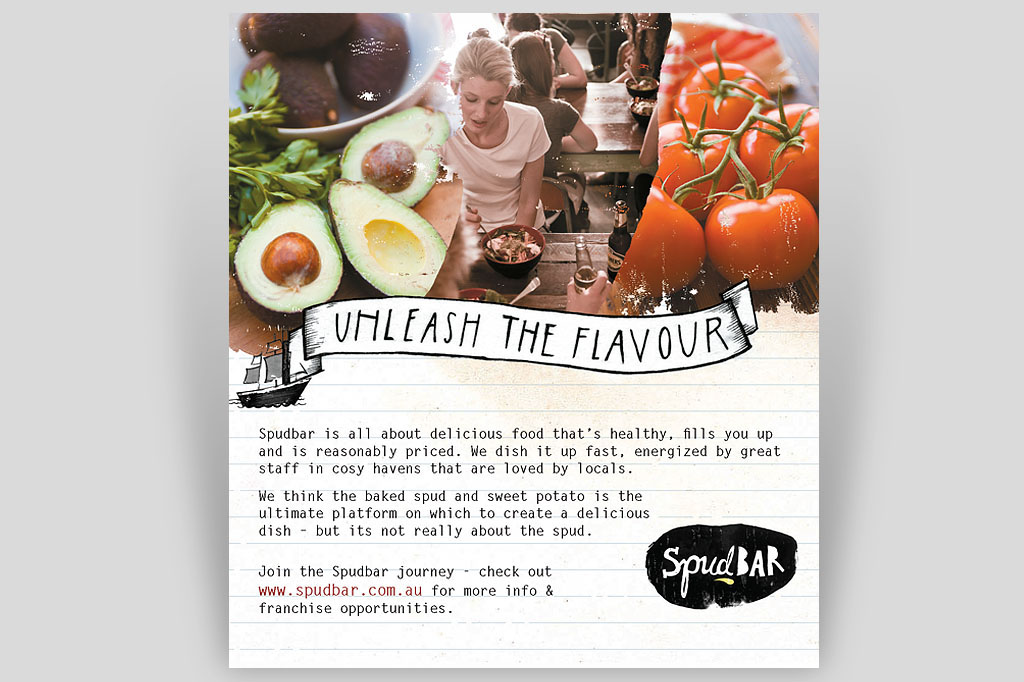 Spudbar countertop promotional card featuring 'Unleash the Flavour' message supporting healthy gourmet restaurant branding and customer trial campaign Melbourne