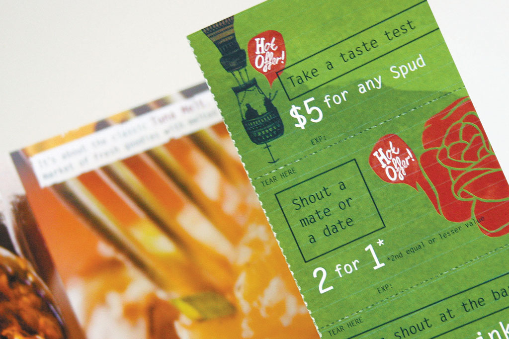 Spudbar promotional voucher booklet featuring trial offers, customer incentives and direct marketing campaign designed to increase restaurant visits and brand engagement