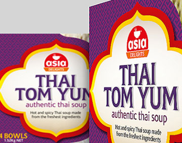 Asia Delights Tom Yum packaging highlighting logo design, packaging branding and retail-ready FMCG packaging created by Melbourne freelance designer