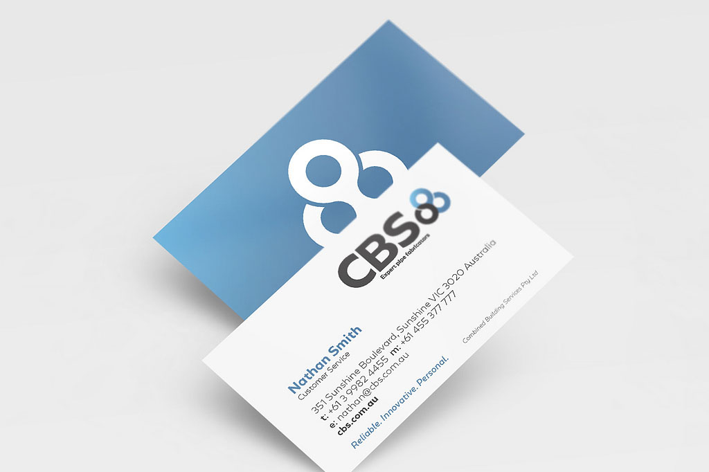 CBS business card design showcasing clean, professional brand identity, logo design and corporate stationery for a Melbourne pipe fabrication company by freelance branding consultant.