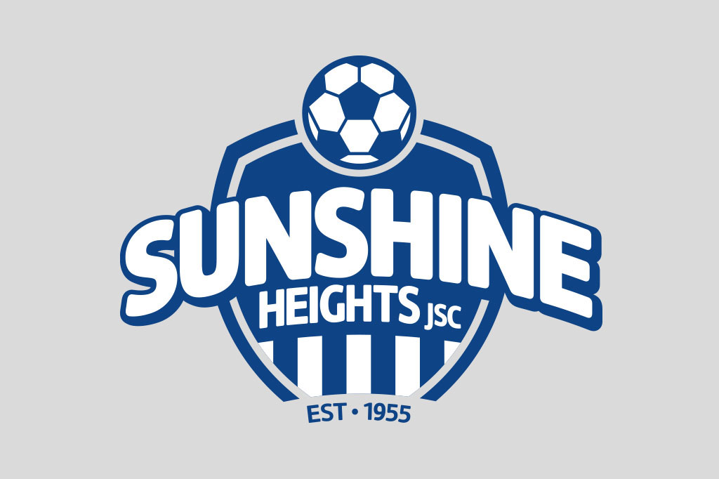 Rebranded Sunshine Heights Junior Soccer Club logo featuring a modern shield emblem that celebrates the club's heritage while creating a distinctive sports brand identity by Melbourne freelance branding consultant.