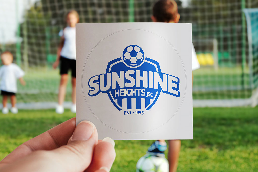 Sunshine Heights Junior Soccer Club logo sticker showcasing consistent sports branding and club identity across promotional merchandise and supporter materials.