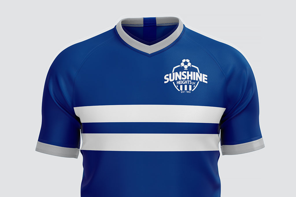 Sunshine Heights Junior Soccer Club playing jersey featuring the new club emblem, showcasing consistent sports branding and logo design across team apparel.